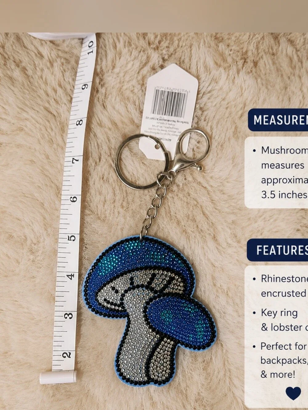 Oversized Rhinestone Mushroom Bag Charm Keychain Blue